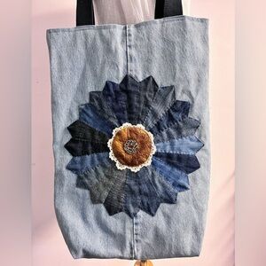 Women’s Handmade/Upcycled Dresden Plate Denim Tote Bag, Blue/Brown, Lined